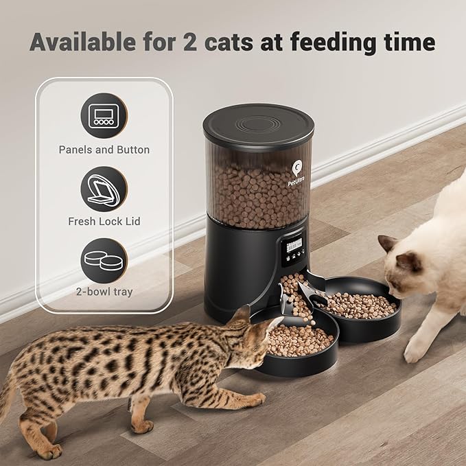 Dual Automatic Cat Feeder: Cat Feeder Automatic for 2 Cats- Timed Auto Feeder 16 Cups/4L Cat Food Dispenser& Dual Power Auto Pet Feeder for Indoor Cat&Dog| 1-6 Meals Portions Control