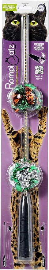 RompiCatz Adjustable Retractable String Wand and Interactive Cat Toy, Crinkle Balls