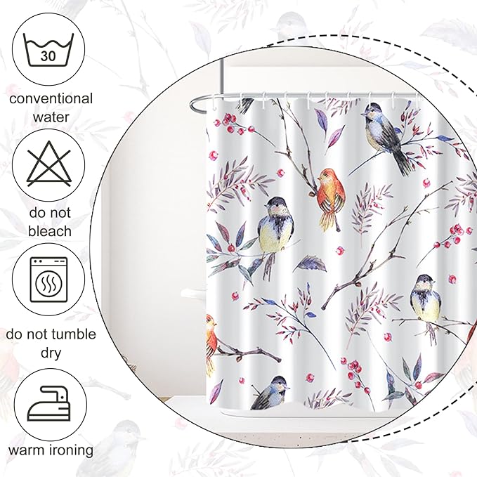 AWERT Bird Shower Curtain with Hooks Colorfur Cheery Birds on Tree Branch Shower Curtain for Bathroom Waterproof Fabric Bathroom Accessories Bathtub Decor 60x72inch