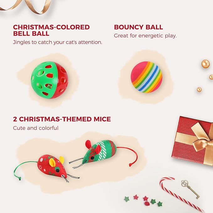 PETEPELA Christmas Cat Toys, 10 Pcs Cat Feather Mice Catnip Toys Set, Cat Gifts for Christmas, Interactive Cat Christmas Stocking Ball Toys, Crinkle Balls, Mice Toys for Indoor Cats & Kittens