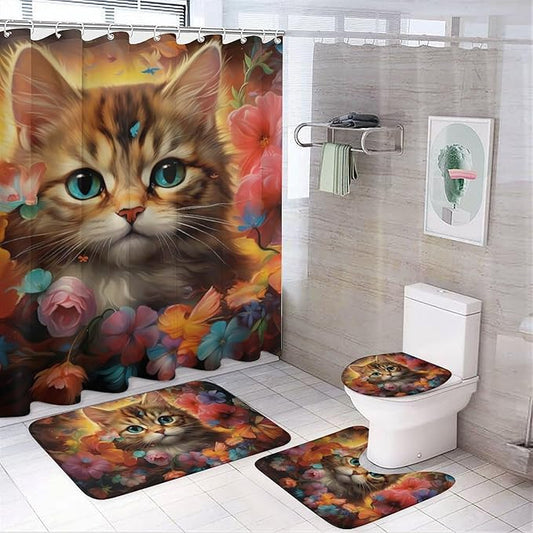 4Pcs Colorful Cat Shower Curtain Sets with Non-Slip Rugs, Toilet Lid Cover and U Shape Bath Mat, Gorgeous Floral Animal Abstract Bathroom Sets Waterproof Shower Curtains with 12 Hooks