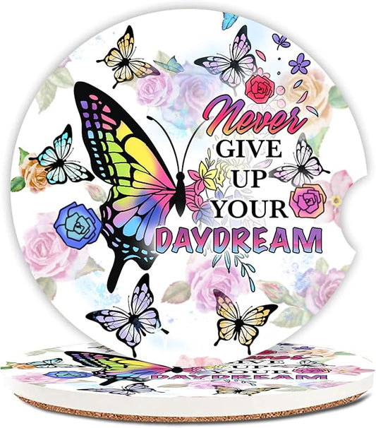 Car Coasters 2 Pack, Small 2.56" Ceramic Stone & Non-Scratch Cork Base Car Cupholder Absorbent Coaster Set for Women/Men Drink Cup Holder Coasters (Butterfl)