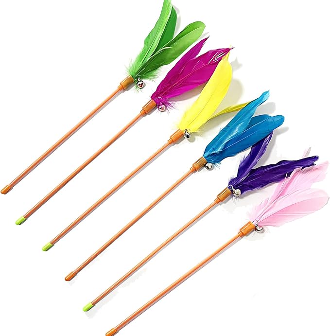 Cat Wands, 6 PCS Colorful Feather Cat Teaser Toys Interactive Cat Feathers Wand with Bell for Cat and Kitten