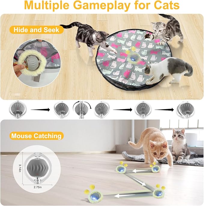 Interactive Cat Toys for Indoor Cats Kitten Puppy, Automatic Motion Cat Toy in Pouch Fast Rolling Ball in Play Mat Hide and Seek Mouse Catching Game with Chirping Stimulation, LED Lights, Auto On/Off