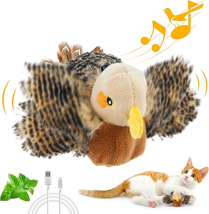 Gigwi Interactive Flapping Cat Toys Catnip, Electronic Flappy Toys Motion Activated, Automatic Cat Toys for Indoor Cats, USB Rechargeable Cat Enrichment Toy for Hunting and Kicker, Bird Sparrow