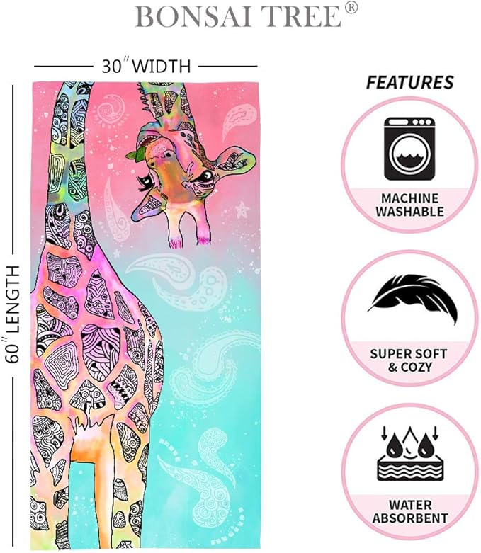 Bonsai Tree Giraffe Beach Towel, Cute Funny Teal Pink Mandala Giraffe Microfiber Bath Towel Gifts for Kids Women, Colorful Abstract Trippy Sand Free Quick Dry Travel Towels for Yoga Sports 30" x 60"