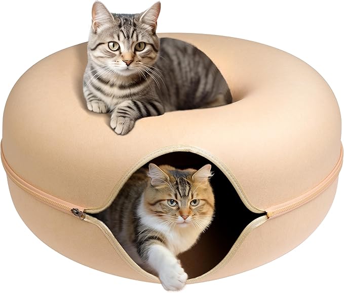 Peekaboo Cat Cave for Multiple Cats/Large Cats, Cat Caves for Indoor Cats Up to 9 Lbs, Cat Tunnel Bed, Scratch Detachable and Washable Large Donut Cat Bed, Yellow