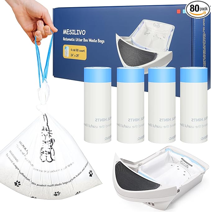 80 Counts Cat Litter box Bags for Automatic Cat Litter Box Self Cleaning, 24 x 29 Inches Extra Thick Cat Liner Bags Compatible with Litter Box Robot 4 and 3(White-Blue)