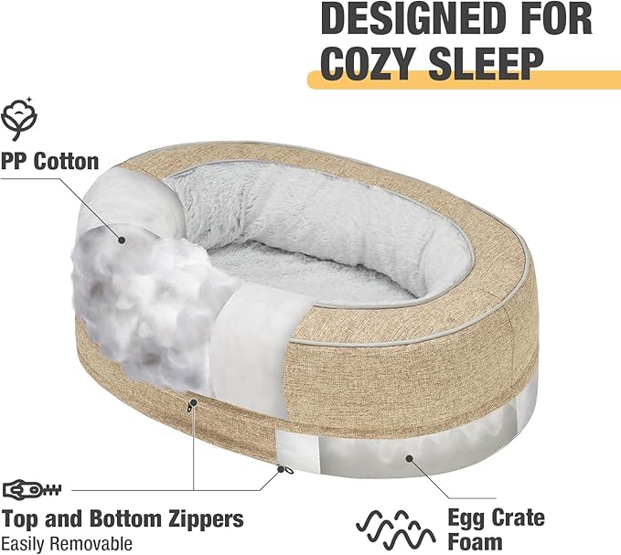 Veehoo Orthopedic Cat Bed for Indoor Cats, Oval Washable Cat Bed with Egg Crate Foam Support, Indoor Donut Puppy Cat Bed Bolster Dog Bed with Removable Cover & Non-Slip Bottom, Beige Coffee