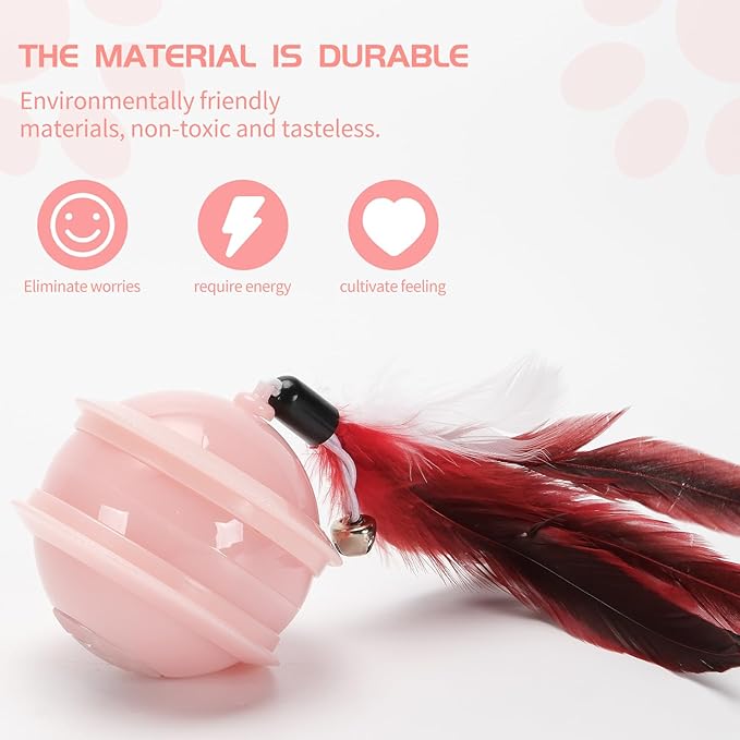 LED Interactive Cat Toy Ball, Cat Feather Toy Ball Cat Chase Toy Automatic Moving Ball Cat Feather Toy Rechargeable Self Rolling Ball (Pink)