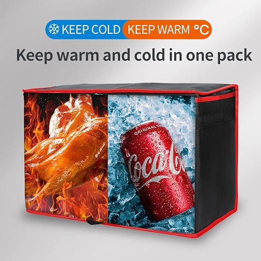 Bodaon Insulated Food Delivery Bag, XX-Large Reusable Grocery Shopping Bags, Picnic Cooler Bag Zipper/Zippered Top Cold, Black with Red Edge, 1-Pack