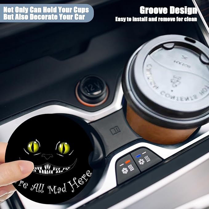 Car Cup Holder Coaster - Funny Black Cat Absorbent Ceramic Coaster, Car Coasters for Cup Holders, Auto Accessories for Women & Men, Pack of 2