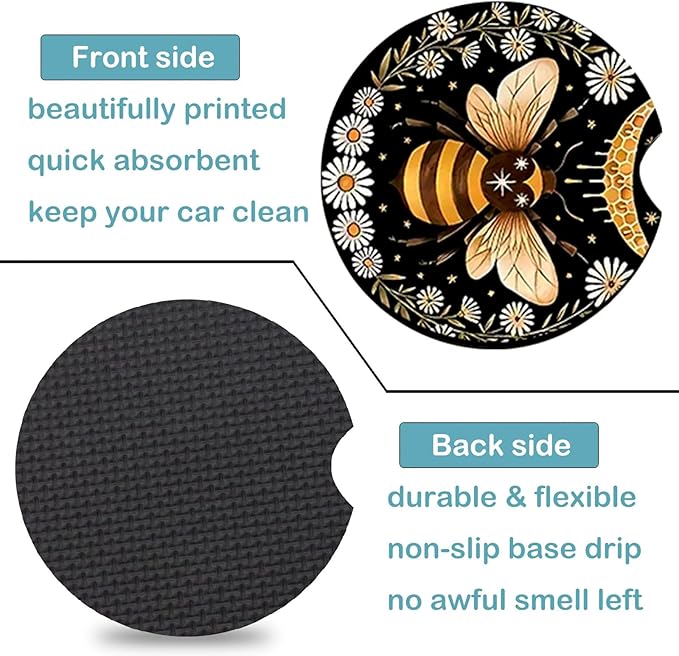 Car Coasters for Cup Holders,2 Pack Bee Car Cup Holder Coasters,2.75" Universal Size Anti Slip Rubber Mat,Automotive Cup Holder Decal Decor Accessories,Bee Gifts for Women,Men,Mom