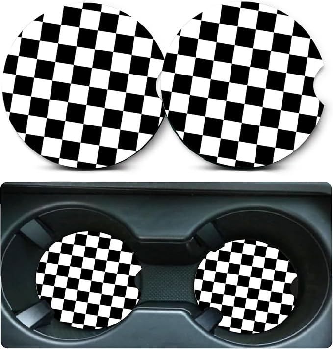 Car Coasters for Cup Holders,2 Pack Black and White Lattice Car Coasters,2.75" Universal Size Anti Slip Rubber Mat,Automotive Cup Holder Decal Decor Accessories,Gifts for Women,Men,Mom