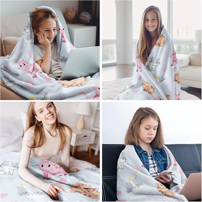 Cat Themed Blanket for Girls, Kitten Throw Flannel Soft Warm Plush Cute Cats Blanket for Kids Women Cat Lovers, All Season Bed Couch Living Room Decor 50"x60"