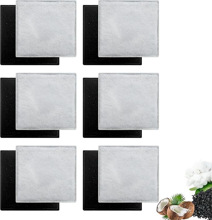 12 Pack Cat Water Fountain Replacement Charcoal Filters Square Compatible with Petsafe Premier Pet Fountain Filters 2.5 Inches, Aqua Cube Pet Fountain Filters Catit Mini Flower Pet Fountain