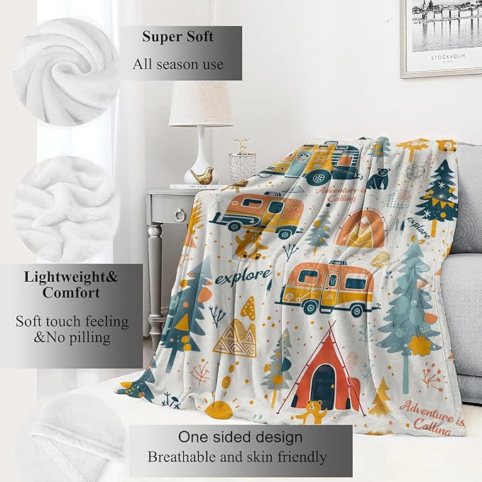 Adventure Camping Blanket Outdoor Camper Picnic Throw Blankets Gifts for Girls Adults Lightweight Soft Fleece Cozy for Sofa Couch Bed Room Travel Birthday Party Decor 50x60in