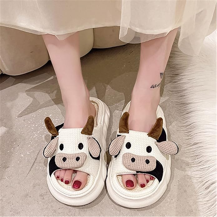 AZCHEN Women's Animal Cartoon Pig Slippers - Cute and Comfortable Linen Plush Slippers for Home