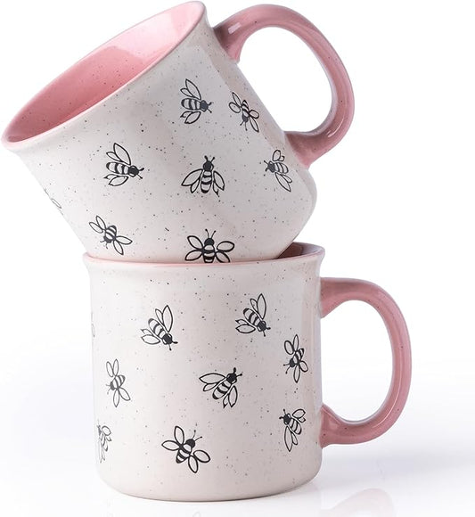 AmorArc 22 OZ Large Ceramic Coffee Mugs, Oversized Soup Cups With Big Handle for Men Women Dad Mom, Big Mug With Textured Bees Patterns for Office & Home -Microwave Safe, 2 Pcs