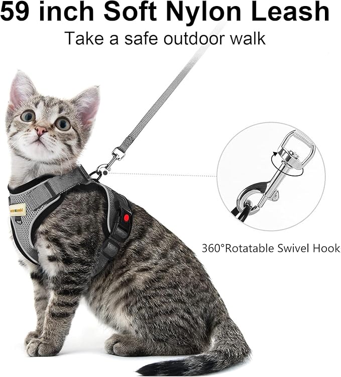 Cat Harness and Leash for Walking, Retractable Cat Harnesses and Leash Set Escape Proof, Breathable Soft Kitten Harness Small Large Cat Harness for Travel Training and Walking, Grey, M