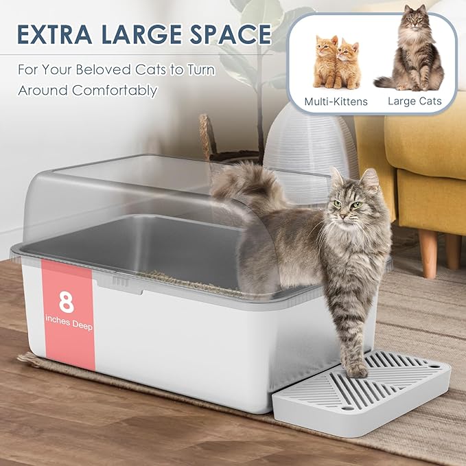 2 Pack 8" Deep Stainless Steel Litter Box with Lid, Extra Large Stainless Steel Cat Litter Box for Multipul Cats, Metal Litter Box with Anti-Leakage High Wall, Deep Litter Pan Easy Cleaning