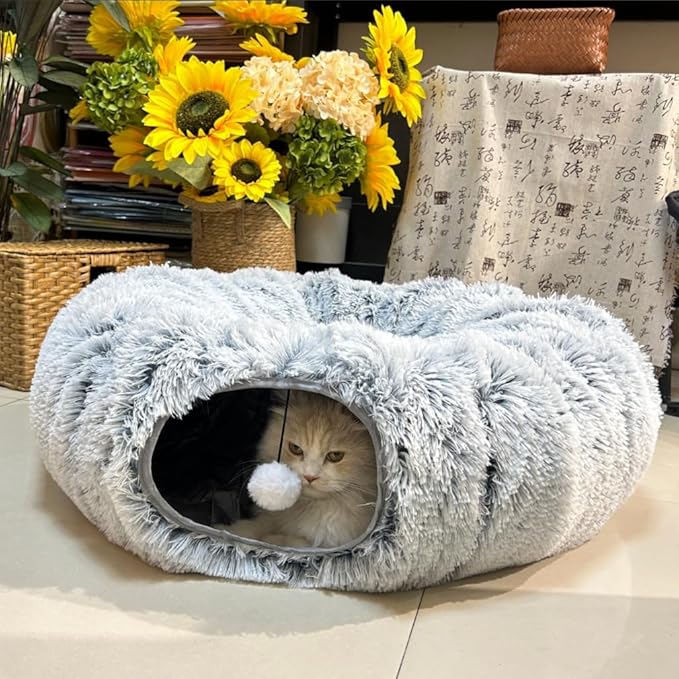 Cat Tunnel Bed, Tunnels for Indoor Cats Soft Warm Light Grey Plush, Collapsible Interactive Tube Toys, Maze House with Peek Holes Dangling Ball for Rabbit, Kitten, Kitty, Puppy