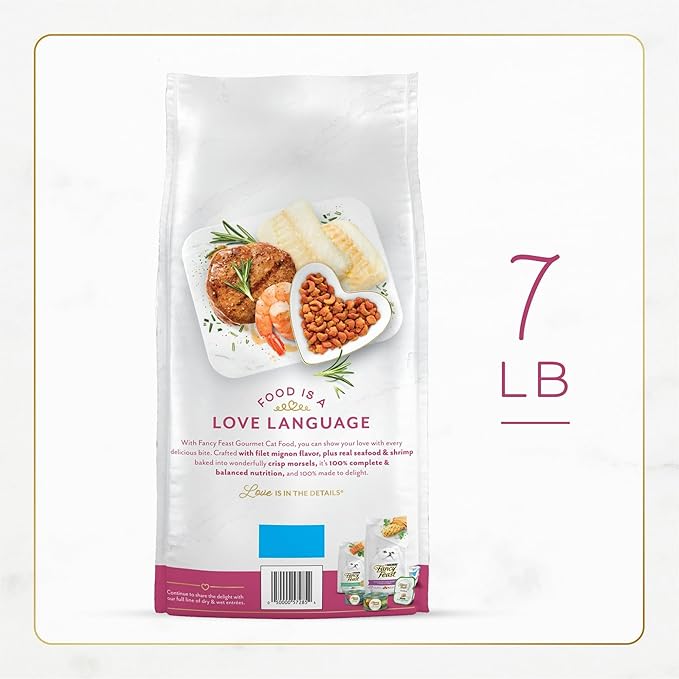 Dry Cat Food Filet Mignon Flavor with Seafood and Shrimp, Lightly Cooked and Basted to A Delicious, Delicately Crunchy Finish
