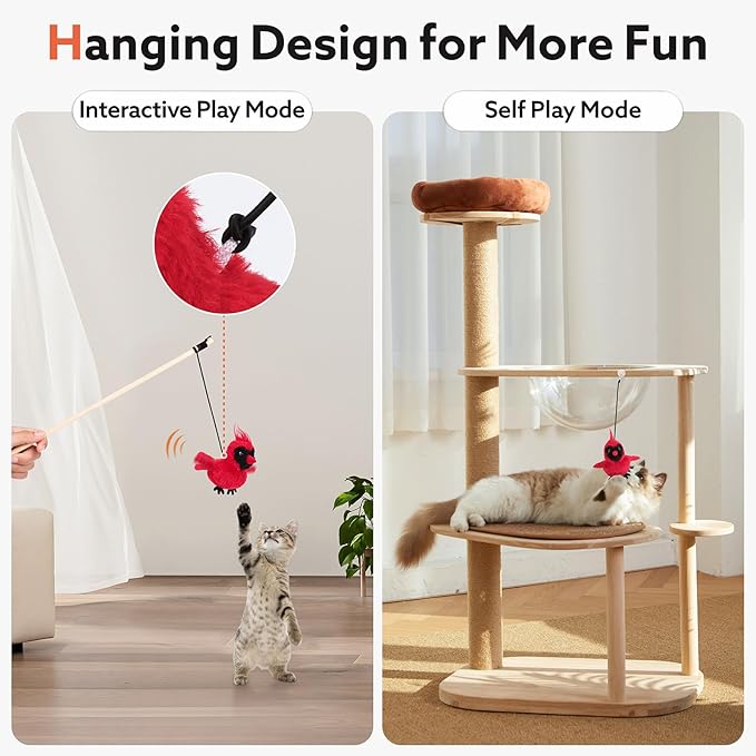 Flapping Cardinal Cat Toys, Interactive Cat Exercise Toy with Lifelike Bird Chirp, USB Rechargeable Automatic Cat Kicker Catnip Toys for Bored Indoor Adult Cats Kittens