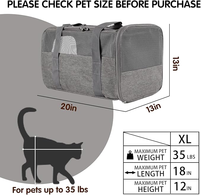 Carriers Soft-Sided Large Pet Carrier for Cats Dogs Small Animals Up to 35Lbs,Top Load Carrier,Ventilated Design,Portable Cat Carrier Airline Approved(X-Large, Grey)