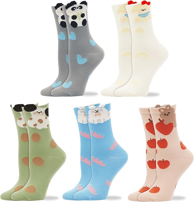 Benefeet Sox Cute Crew Socks for Women Girls Novelty Funny Patterned Socks Colorful Kawaii Cotton Casual Calf Sock 5 Pairs