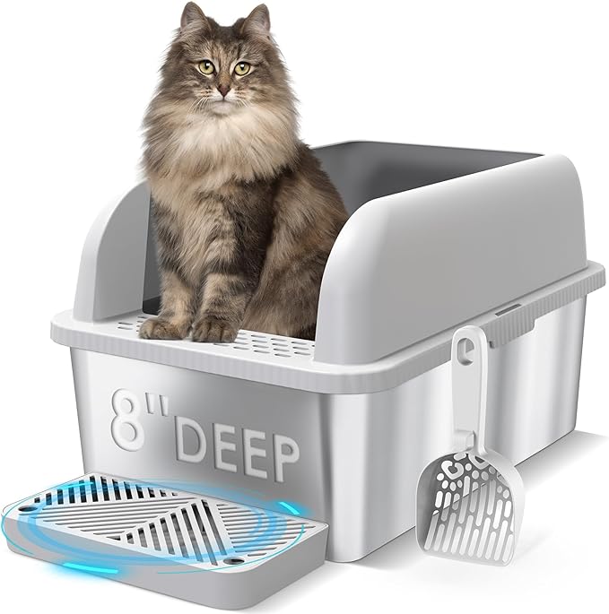 8" Deep Stainless Steel Cat Litter Box with Lid Extra Large Litter Box for Big Cats XL Metal Litter Pan Tray with High Wall Sides Enclosure, Non-Sticky, Anti-Leakage, Easy Cleaning