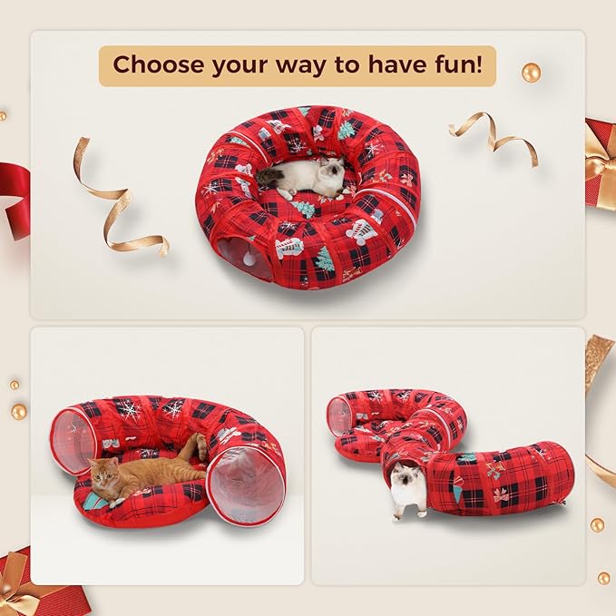 PAWZ Road Cat Tunnel, Red Cat Donut Tunnel Collapsible Cat Tunnel Tube Dia-38 inches with Soft Mat for Indoor Cats, Rabbits and Puppies, Red