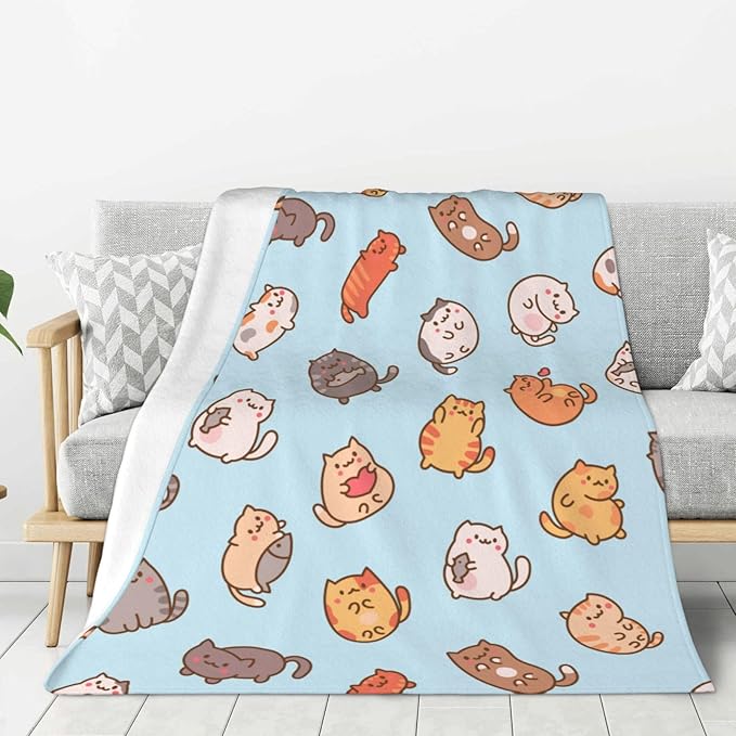 Kids Cute Cats Print Blanket Throw 60"x50", Plush Flannel Blankets with Cats On It, Soft Warm Decorative for Kids Women Cat Lovers