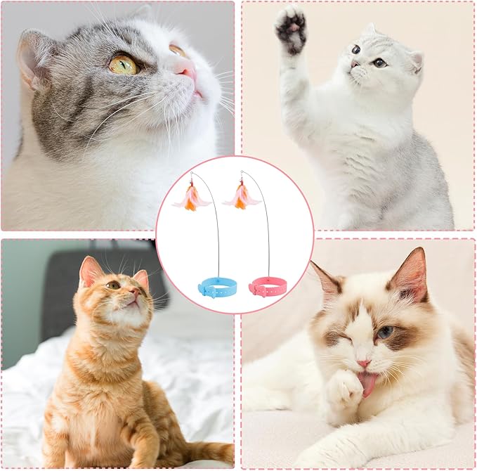 KALAMANDA Cat Collar Toy with Long Metal Rod, Upgraded Cat Feather Neck Collar Toy with 6 Replacement Refills, Interactive Self Playing Toys with Bell for Indoor Kittens Small Animals, Pink/Blue