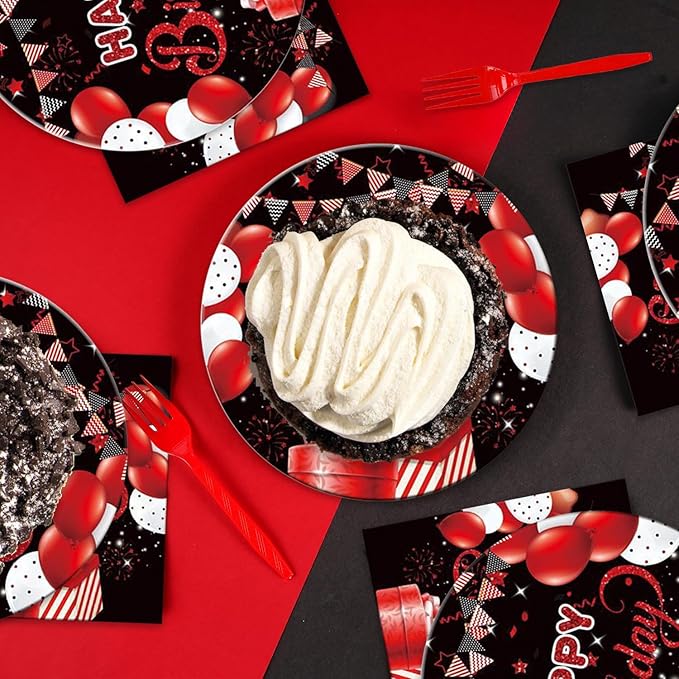 48Pcs Red and Black Happy Birthday Party Decorations for Men Women, Red and Black Balloons Pattern Birthday Decorations for Baby Shower Forks Plates and Napkins Set Party Supplies