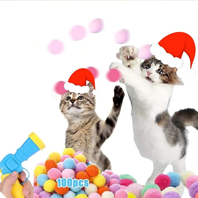 Cat Toy Balls, 100Pcs 1.2Inch Cat Pompom Ball and 1 Cat Ball Toy Launcher, Colorful and Soft Interactive Cat Balls, Active Cat Exercise Toys for Indoor Cats