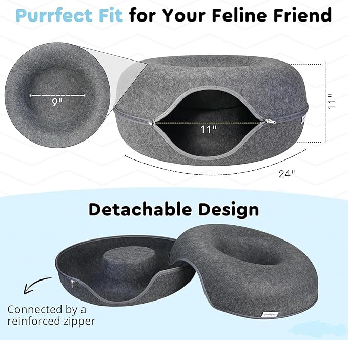 ESPIDO-Premium Cat Cave for Small Pets, Multifunctional Donut Tunnel Bed for Indoor Pets, Round Felt Pet Cave with Premium Zipper, for Pets up to 40 Lbs (24x24x11 Inch) (Dark Gray)