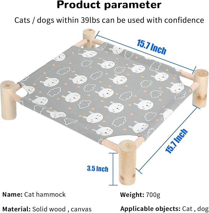 TUSATIY Cat Hammock Bed, Solid Wooden Removable Washable Cat Bed, Elevated Pet Sleeping Bed Breathable Fit for Cats and Puppies | Easy to Assemble (Rabbit)