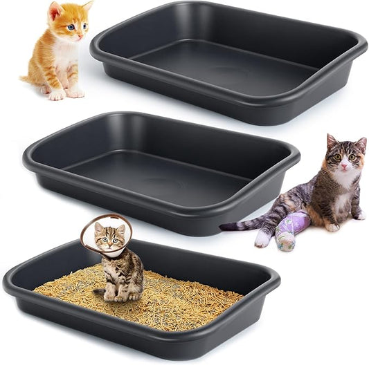 3 Pcs Large Cat Litter Box, Low Entry Senior Cat Litter Box Open Top Pet Litter Boxes Tray for Big Older Cats Kitten Sick Frail or Disabled Cat, 23.2" L x 16.5" W (Dark Gray)