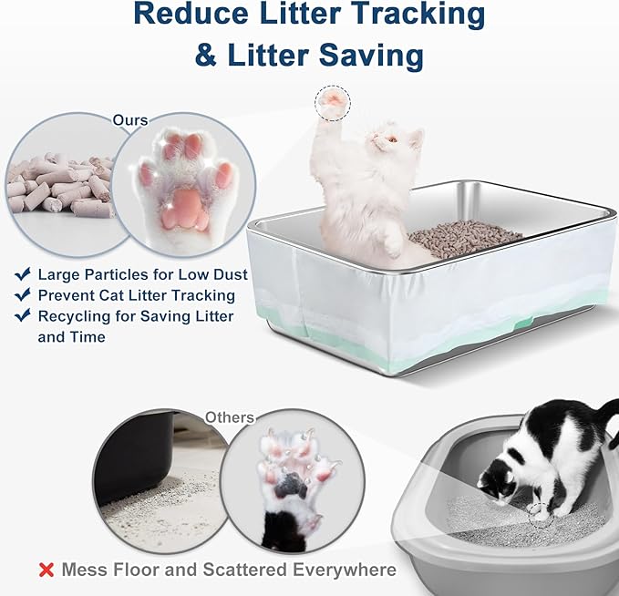 19.7''x13.7''x6'' Stainless Steel Litter Box, Open Top Sifting Litter Box for Pine Pellets, Metal Cat Litter Box Pan Tray System with Scoop and Pee Pad, Odor Control, Low Dust, Easy Cleaning