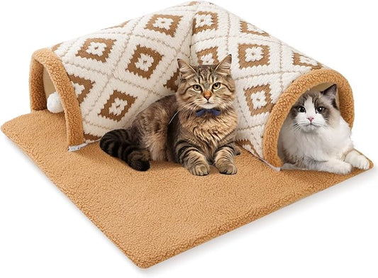 Cat Tunnel Bed for Indoor Cats, Large Size 26.5”x26.5”Soft Pet Tunnel Bed Playing Mat for Cats, Washable,Brown,Berber Fleece,Jacquard Pattern