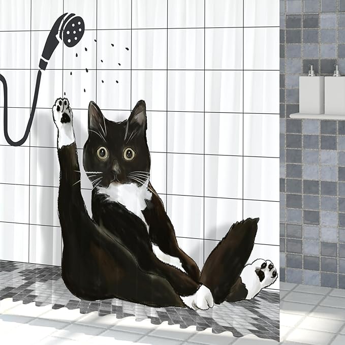 Black Cat Shower Curtain, Funny Kitty Animal Plaid Machine Washable Waterproof Durable Fabric for Bathroom Decor Bathtub with 12 Hooks 72x72