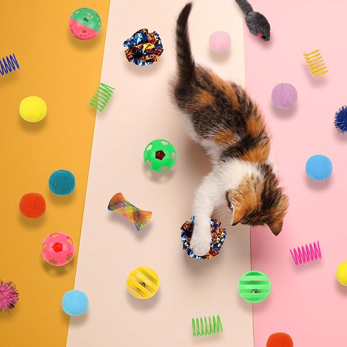 Kitten Toys, 60PCS Cat Balls Springs Toy Set, Sparkle Ball, Cat Mouse Toy, Cat Crinkle Balls, Cat Springs, Cat Ball Toy, Furry Cat Toys Balls Soft Pom Pom Balls