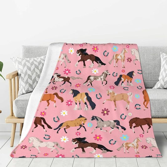 Horse Blanket Throw 50"x40", Plush Flannel Horses Flowers Blanket, Soft Warm Decorative for Kids Women Horse Lovers