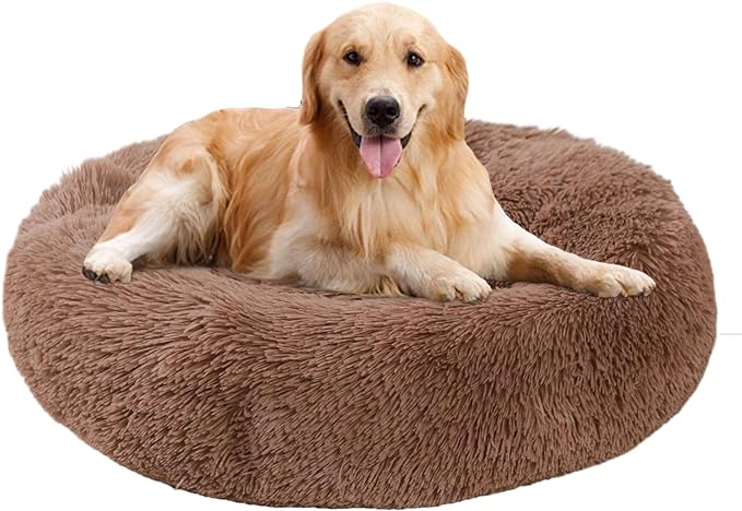 Calming Dog Bed, Dog Beds Fits up to 40 lbs Pets, Fluffy Donut Dog & Cat Bed Washable, Round Anti Anxiety Dog Bed, Small Dog Bed with Non-Slip Bottom (Khaki, 28" x 28")
