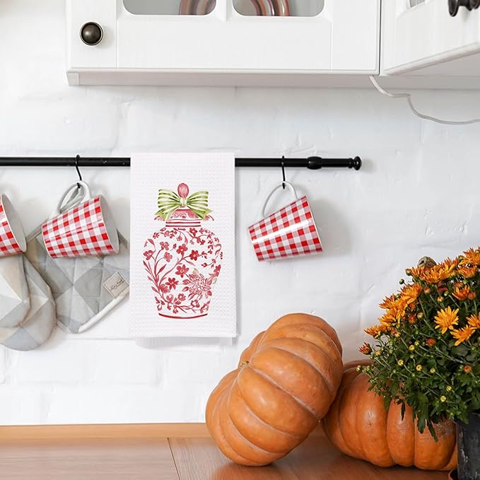 SPBL&L Chinoiserie Decor Kitchen Towels, Pink Chinoiserie Ginger Jar Vase Decorative Hand Towels for Bathroom, Grandmillenial Decor Dish Towels Tea Towels for Kitchen, 16x24 Inches