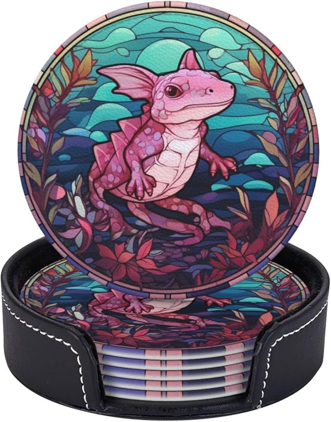 Axolotl Drink Coaster Set of 6, Axolotl Decor Gifts, Leather Drink Coasters with Holder, 6 Pack Cup/Bar/Drink Coasters for Table/Drinks/Coffee Protection Housewarming Gift (Axolotl)