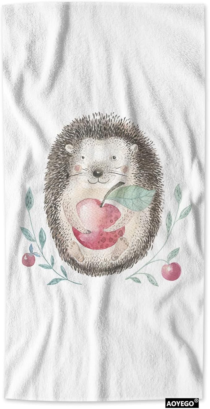 AOYEGO Hedgehog Hand Towels Cute Animal Hedgehog Holding Red Fruit Berries Green Leaf Towel Highly Absorbent Soft Towel Kitchen Bath Decor for Women Men 15x30 Inch