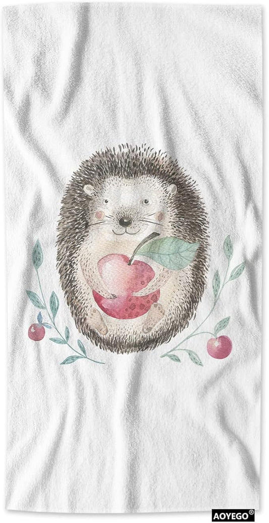 AOYEGO Hedgehog Hand Towels Cute Animal Hedgehog Holding Red Fruit Berries Green Leaf Towel Highly Absorbent Soft Towel Kitchen Bath Decor for Women Men 15x30 Inch