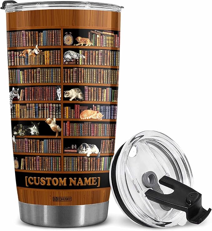 BECHUSKY Personalized Cat Library Bookshelf Tumbler Cat Bookshelf Tumbler Cat Book Lover Tumbler Librarian Reading Book Bookish Gift For Friends Readers Bookworm Book Lovers On Christmas Anniversary